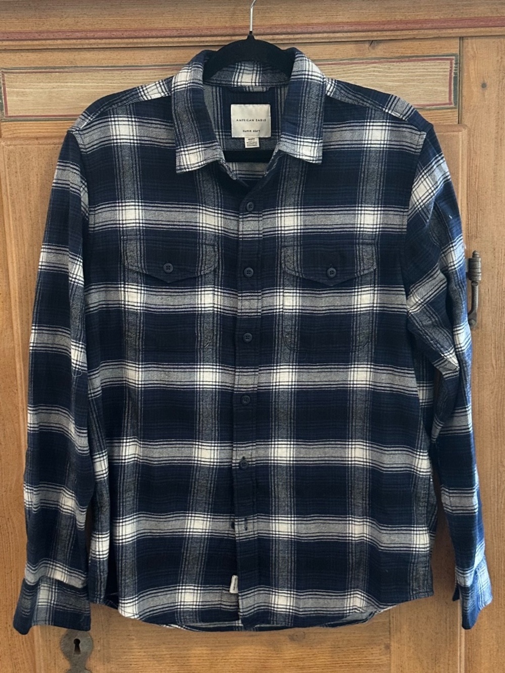 Men's - AMERICAN EAGLE - Super Soft Navy Blue & White Plaid Flannel Shirt - M